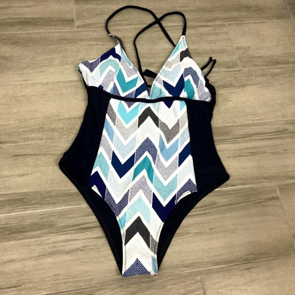 Cupshe One Piece Swim Suit Chevron Blue White NWT